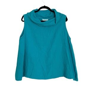 bryn Walker Linen Lagenlook Sleeveless Cowl Neck Blouse Teal M